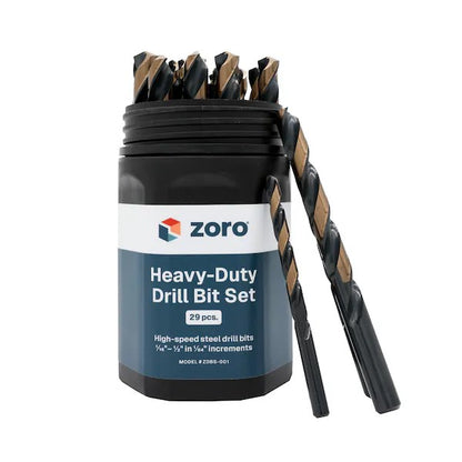 29-Piece Heavy-Duty Jobber Length Drill Bit Set, M2 Premium HSS, 1/16" - 1/2" #ZDBS-001