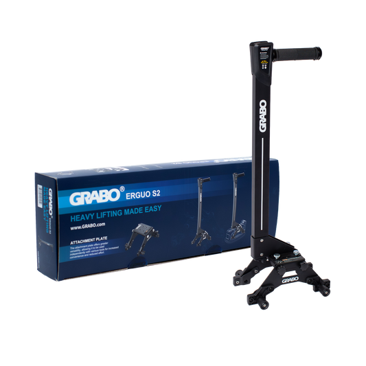 Black GRABO lifting stand with blue packaging on a white background