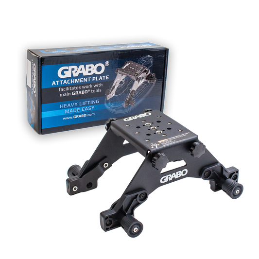A black GRABO attachment plate with caster wheels and a branded blue product box, photographed on a clean white background.