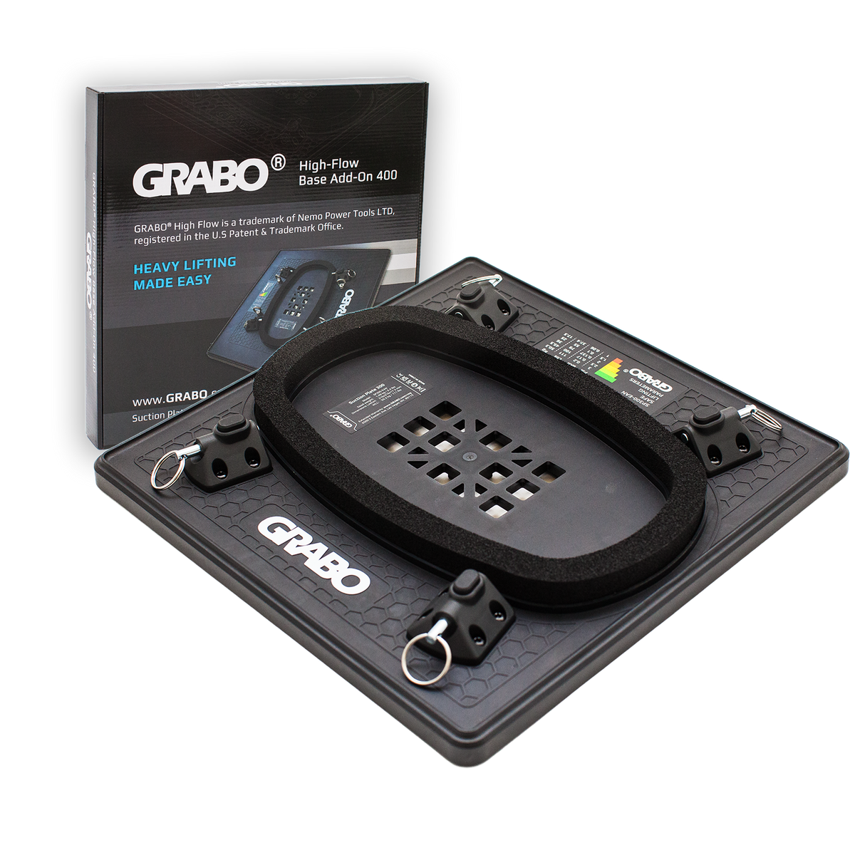 A black GRABO High-Flow Base Add-On 400 lifting accessory set, featuring a heavy-duty textured base plate with integrated handles and a large oval lifting pad, shown alongside its retail packaging box on a white background.