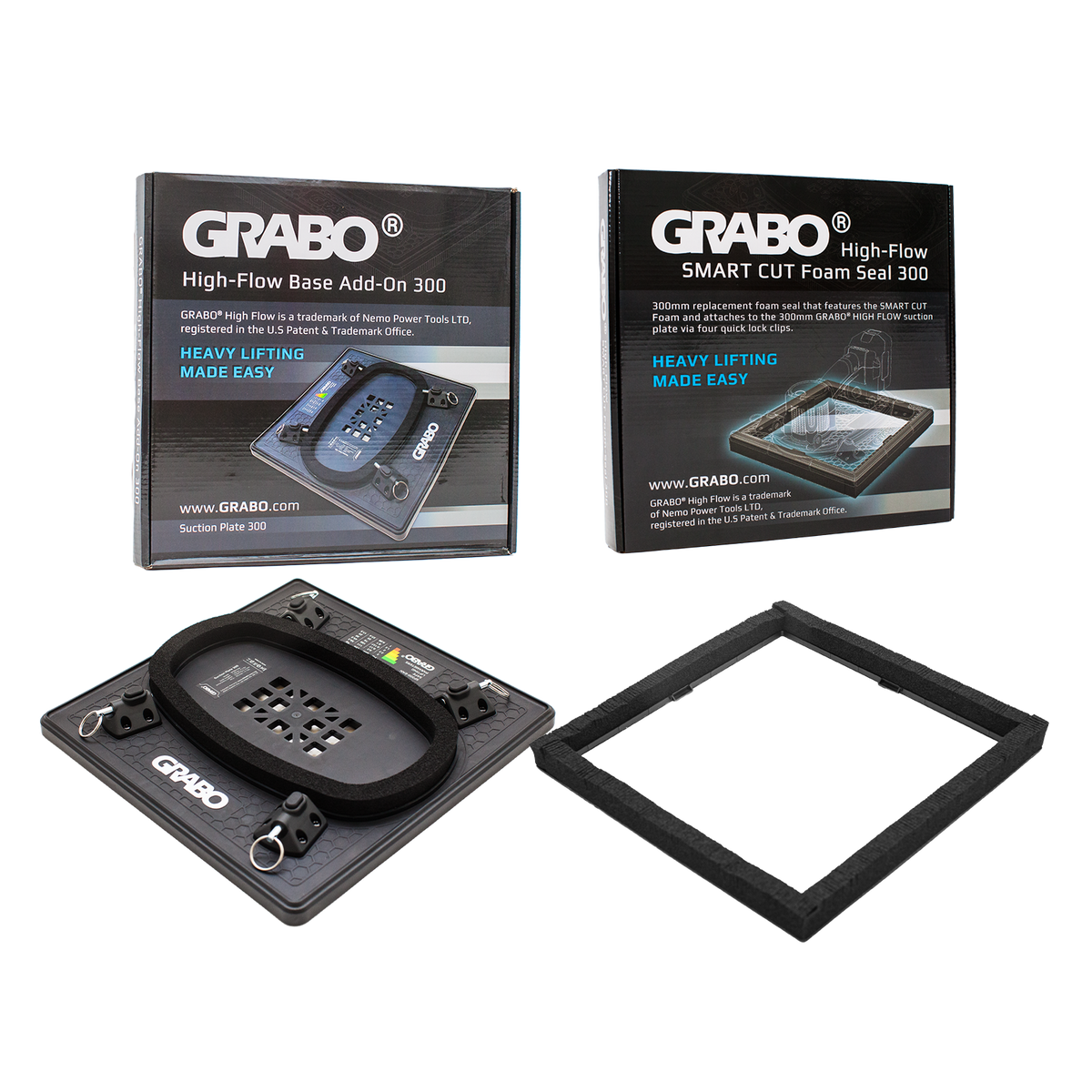 GRABO High-Flow Base Add-On 300 and Foam Seal 300 kit, showing the retail packaging boxes and the two black components (the high-flow base with a circular hose and the foam seal frame) on a white background.
