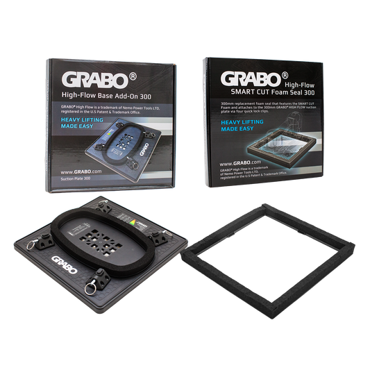 GRABO High-Flow Base Add-On 300 and Foam Seal 300 kit, showing the retail packaging boxes and the two black components (the high-flow base with a circular hose and the foam seal frame) on a white background.