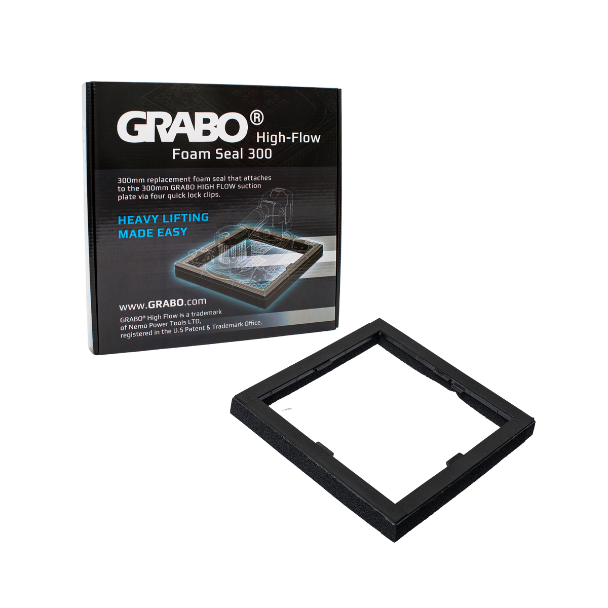 GRABO High-Flow Foam Seal 300 replacement foam seal kit, showing the black retail packaging box and the black square foam seal frame on a plain white background.