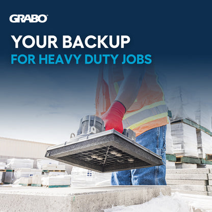 Grabo heavy-duty backup pallet jack advertisement with a worker in a high-visibility vest and red glove holding the pallet jack over concrete blocks, with the text 'YOUR BACKUP FOR HEAVY DUTY JOBS' and the Grabo logo.