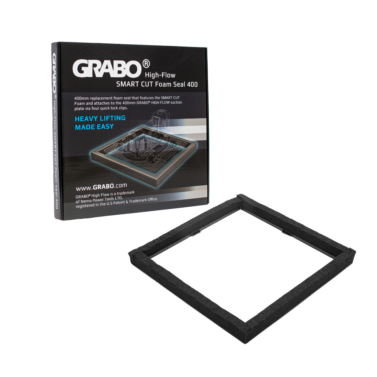 A black square foam seal gasket shown in front of its retail box. The packaging is black with white and blue text reading GRABO High-Flow SMART CUT Foam Seal 400.