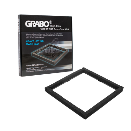 A black square foam seal gasket shown in front of its retail box. The packaging is black with white and blue text reading GRABO High-Flow SMART CUT Foam Seal 400.