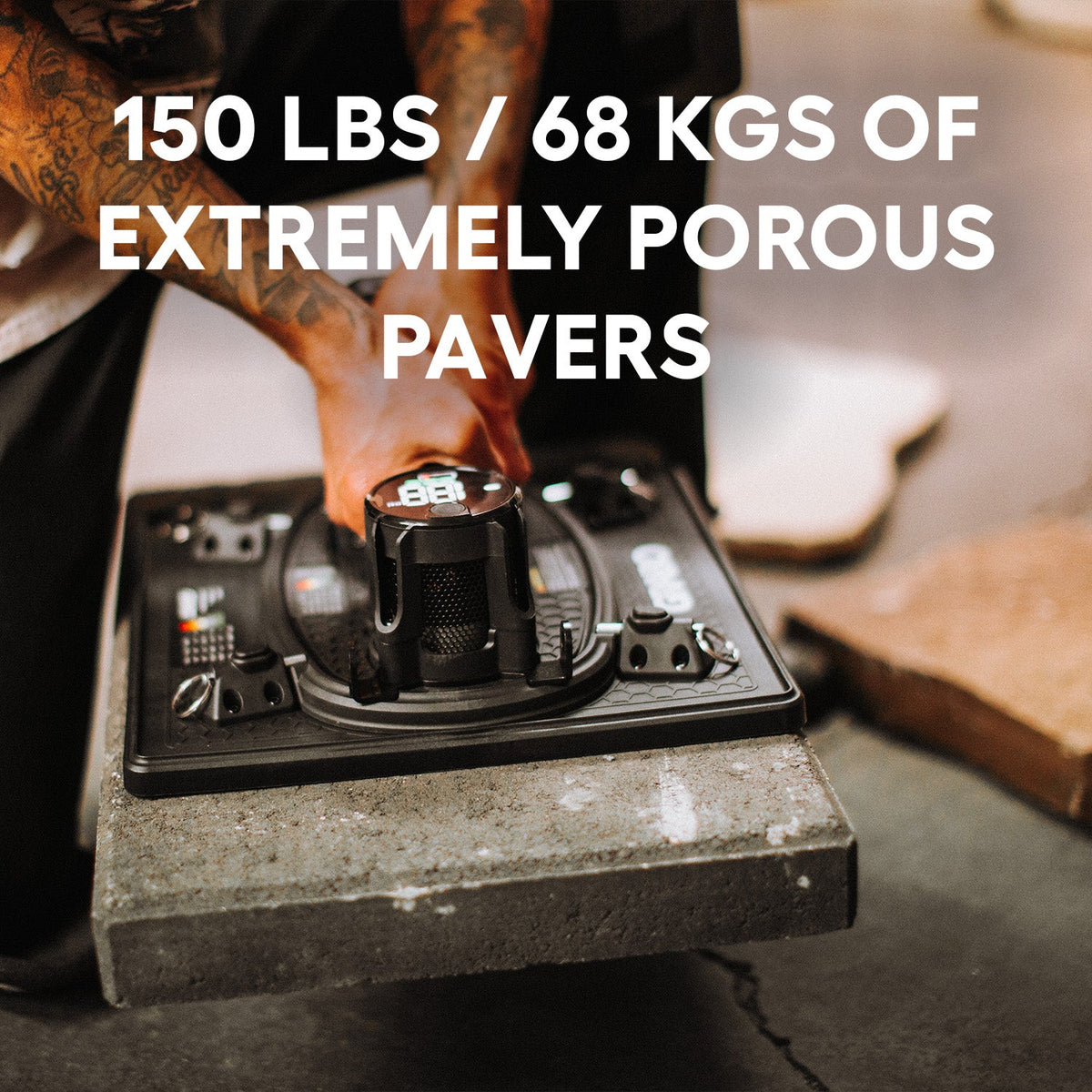 Person operating a machine with text about pavers on a blurred background