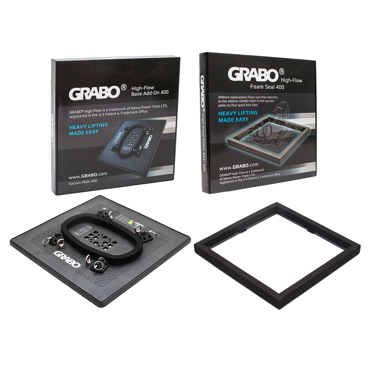 GRABO High-Flow Foam Seal 400 heavy lifting tool set, showing the black branded retail box, the black foam seal mat with dial and straps, and the separate black rectangular frame on a white background.