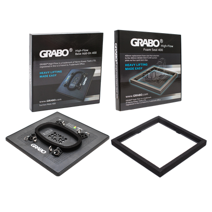 GRABO High-Flow Foam Seal 400 heavy lifting tool set, showing the black branded retail box, the black foam seal mat with dial and straps, and the separate black rectangular frame on a white background.