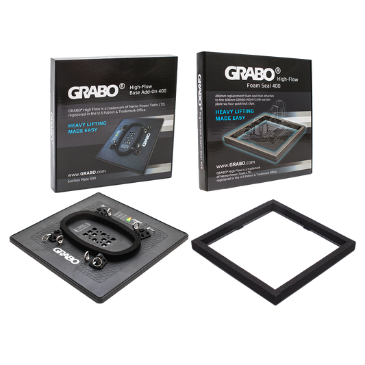 GRABO High-Flow Foam Seal 400 heavy lifting tool set, showing the black branded retail box, the black foam seal mat with dial and straps, and the separate black rectangular frame on a white background.
