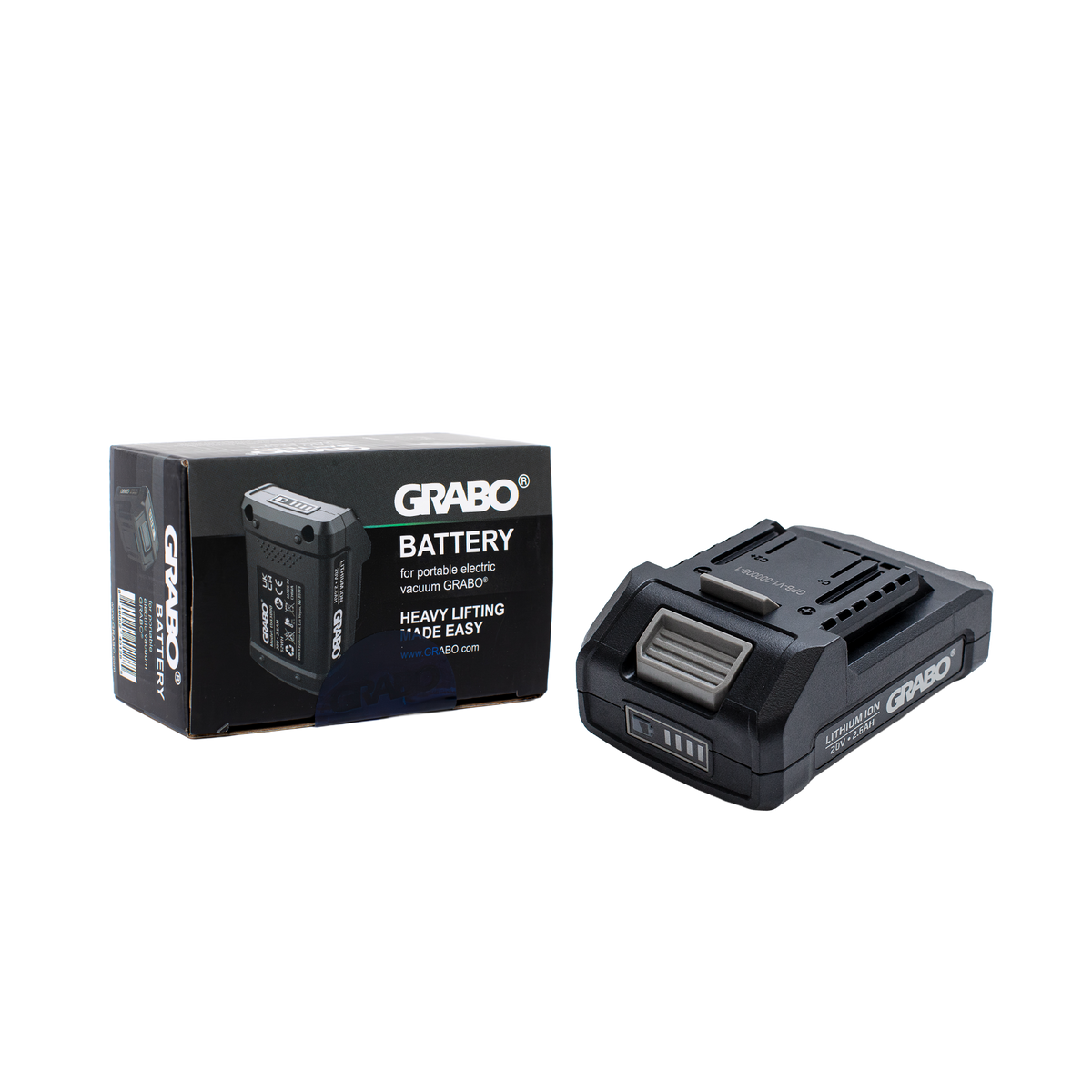 GRABO battery and its packaging on a white background