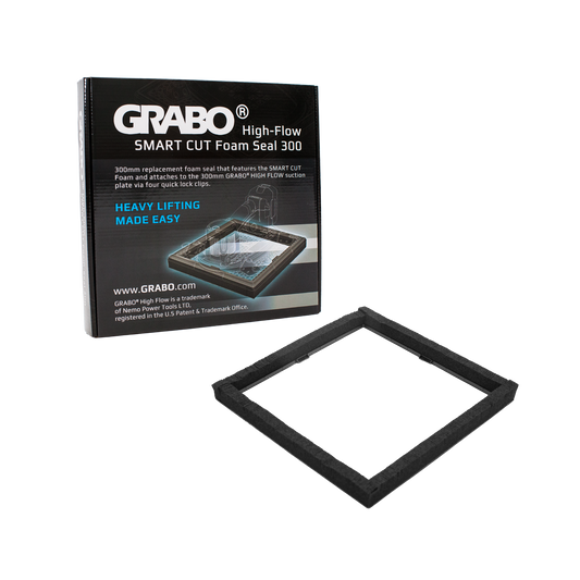 GRABO High-Flow Smart Cut Foam Seal 300 replacement foam seal shown next to its black retail packaging box on a solid white background.