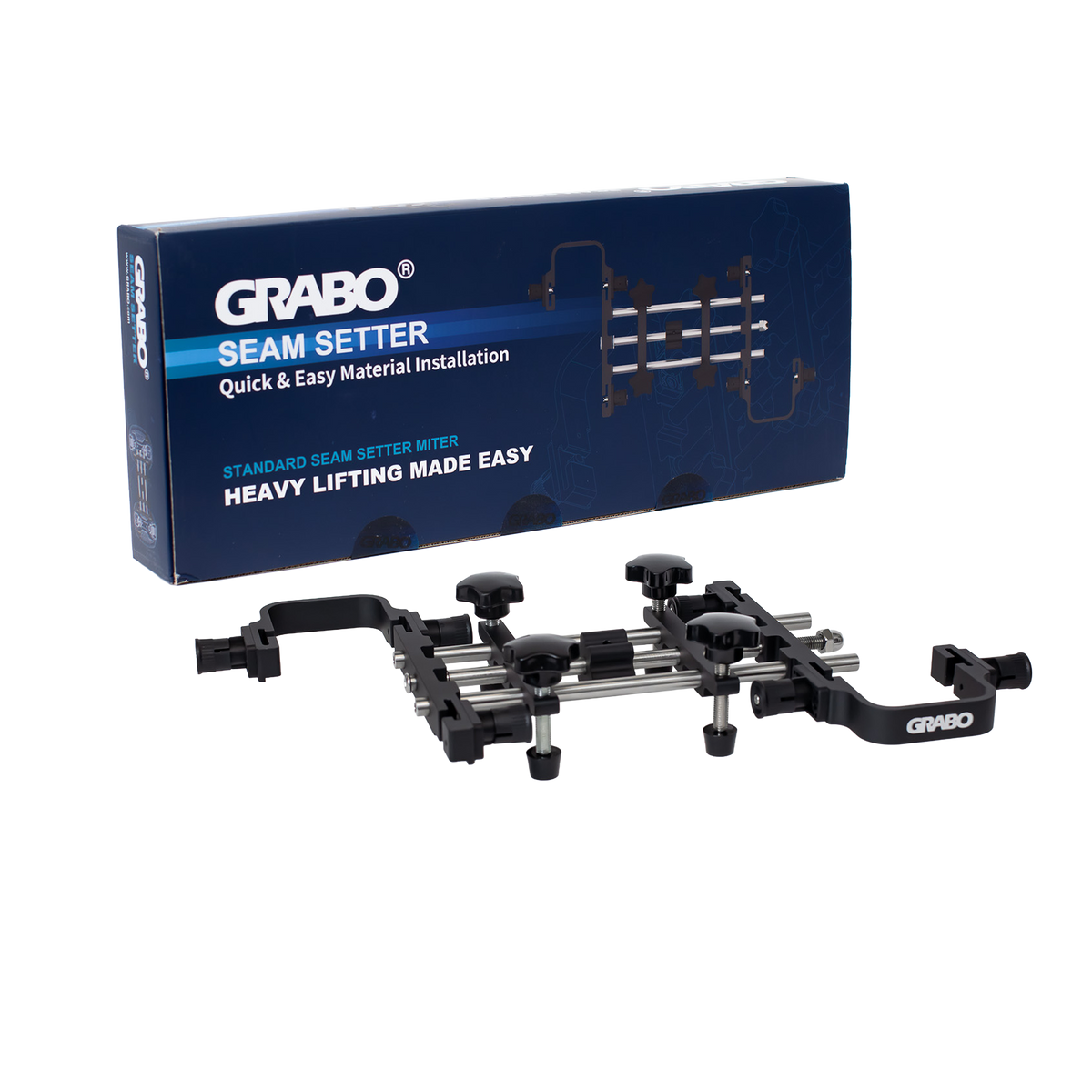 A GRABO Seam Setter tool and its retail box, displayed on a clean white background. The product is a black and silver metal mounting frame with adjustment knobs, shown in front of its blue packaging box.