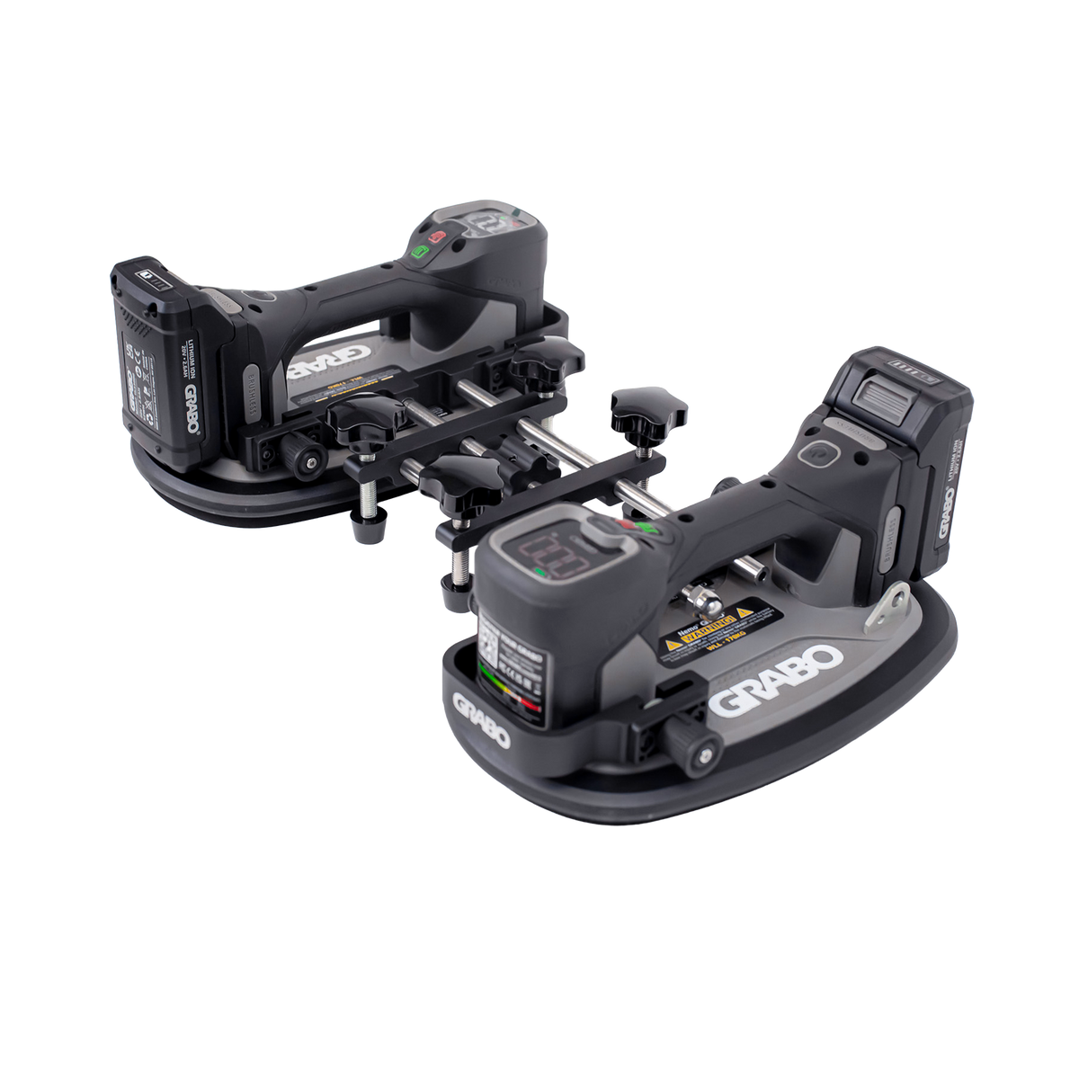 Two black and gray GRABO cordless magnetic clamps with attached batteries, displayed on a clean white background.