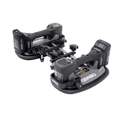 Two black and gray GRABO cordless magnetic clamps with attached batteries, displayed on a clean white background.