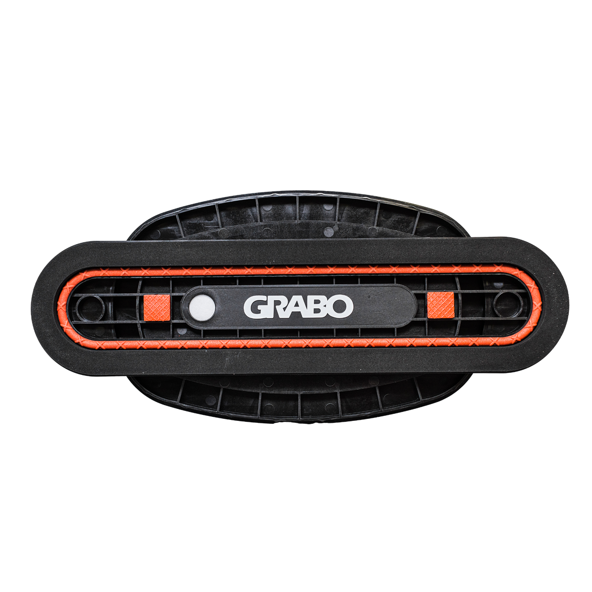 A close-up top-down view of a black Grabo hand grip with bright orange textured accents and a white logo on a solid white background.