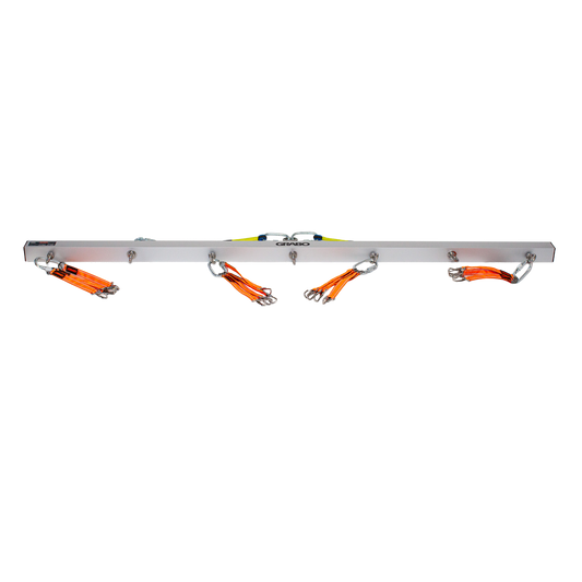 A silver metal horizontal bar with four orange webbed straps and metal carabiners hanging from it, shown against a plain white background.