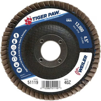 Weiler Tiger Paw 4-1/2 in Flap Discs, 40-Grit, 10-Pack