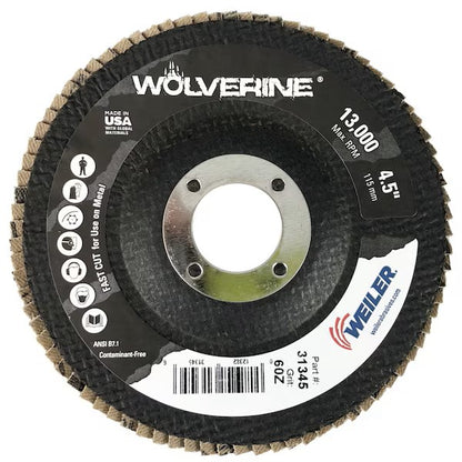 Weiler Wolverine 4-1/2 in Flap Discs, 60-Grit, 10-Pack