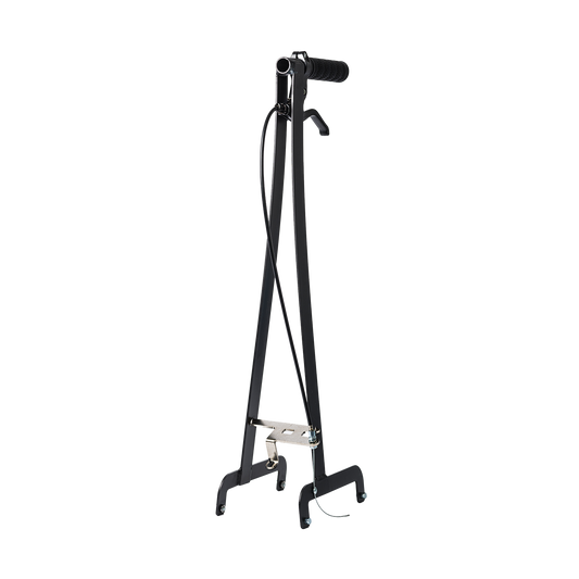 A black metal stand with a handle, cable, and footrest, isolated on a white background.
